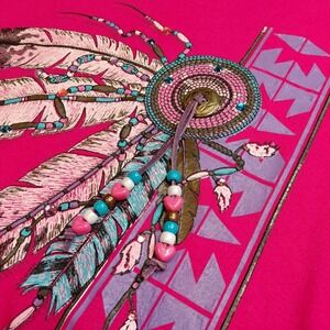 Vtg Native American Shirt‎ Adult XL 90s Pink Indian Feather Bling Beads 3D Aztec